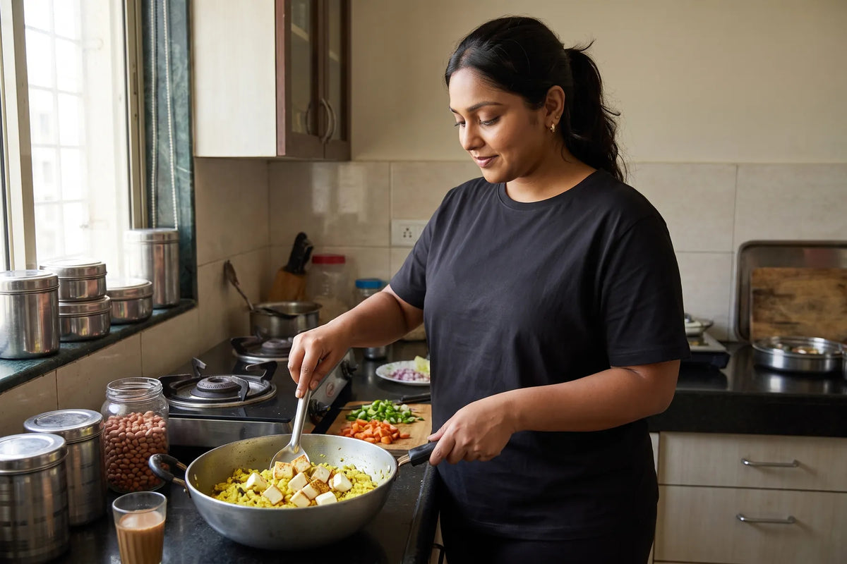 Adding paneer to a pan of poha for a higher-protein breakfast
