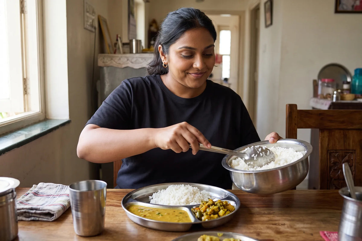 Serving a measured portion of rice onto a thali with dal and sabzi