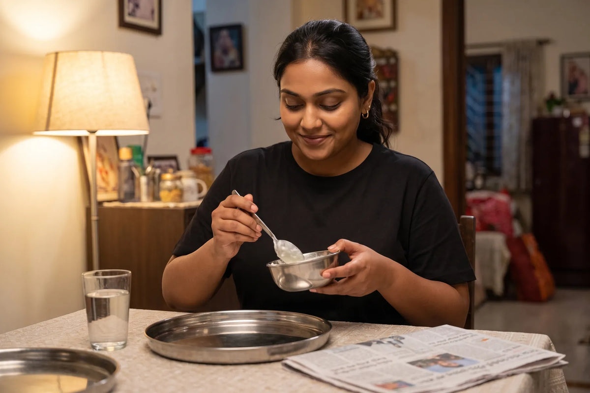 Spooning curd from a steel katori at an evening meal