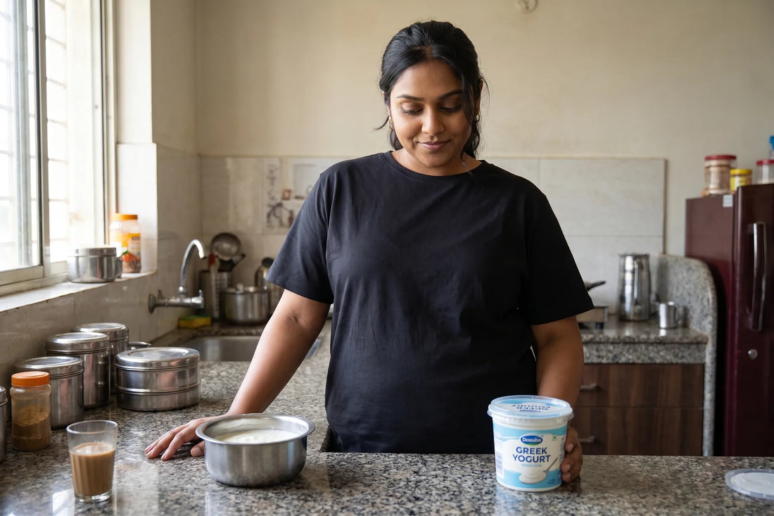 Comparing a bowl of homemade dahi with a tub of Greek yogurt