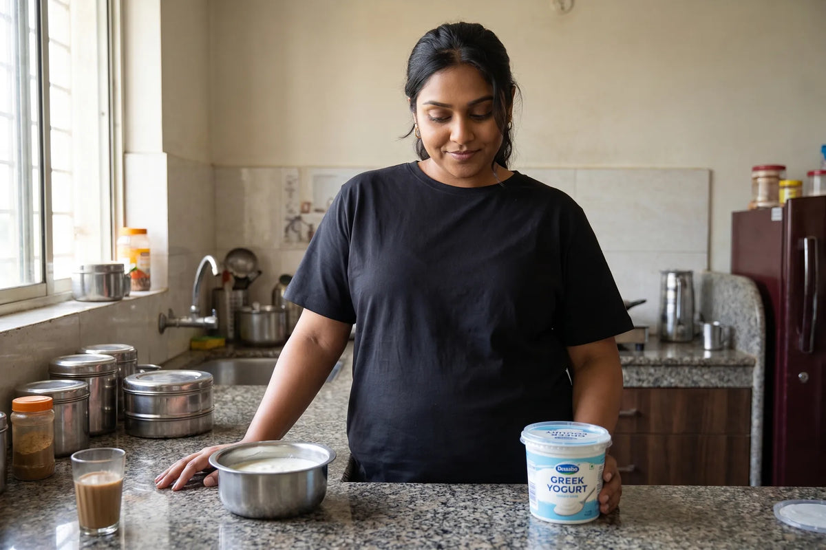 Comparing a bowl of homemade dahi with a tub of Greek yogurt