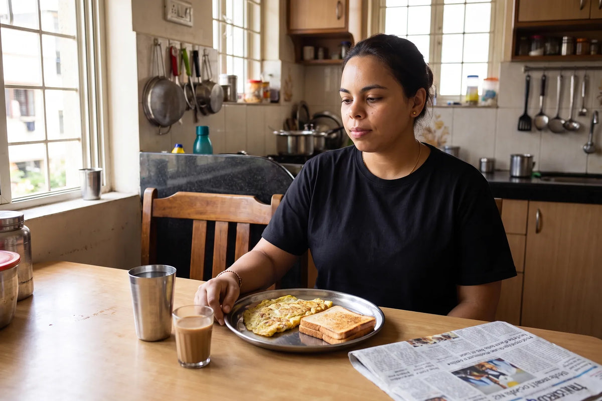 At a kitchen table with a plate of breakfast in the morning