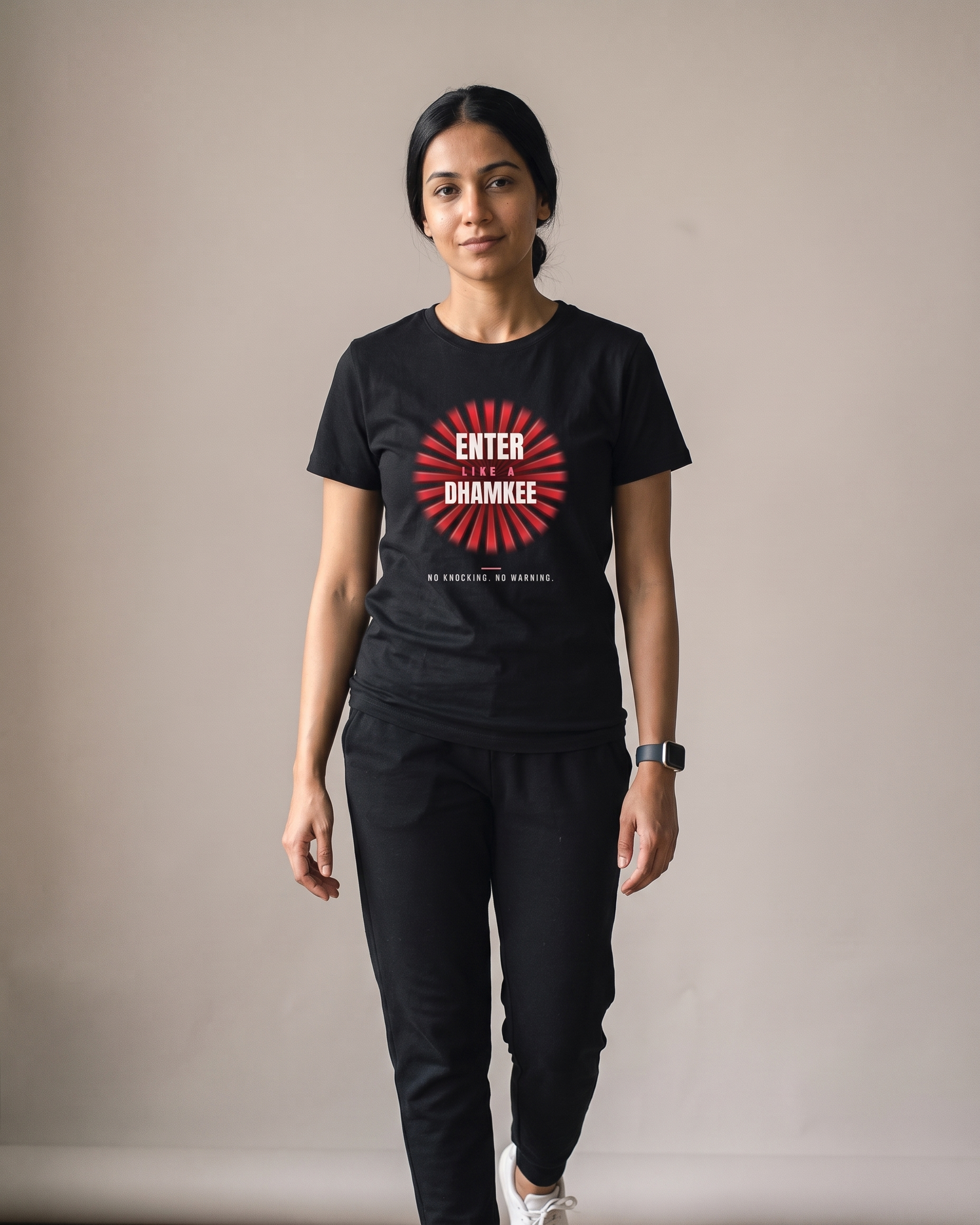 Enter Like A Dhamkee Black Dhamkee gym t shirt action
