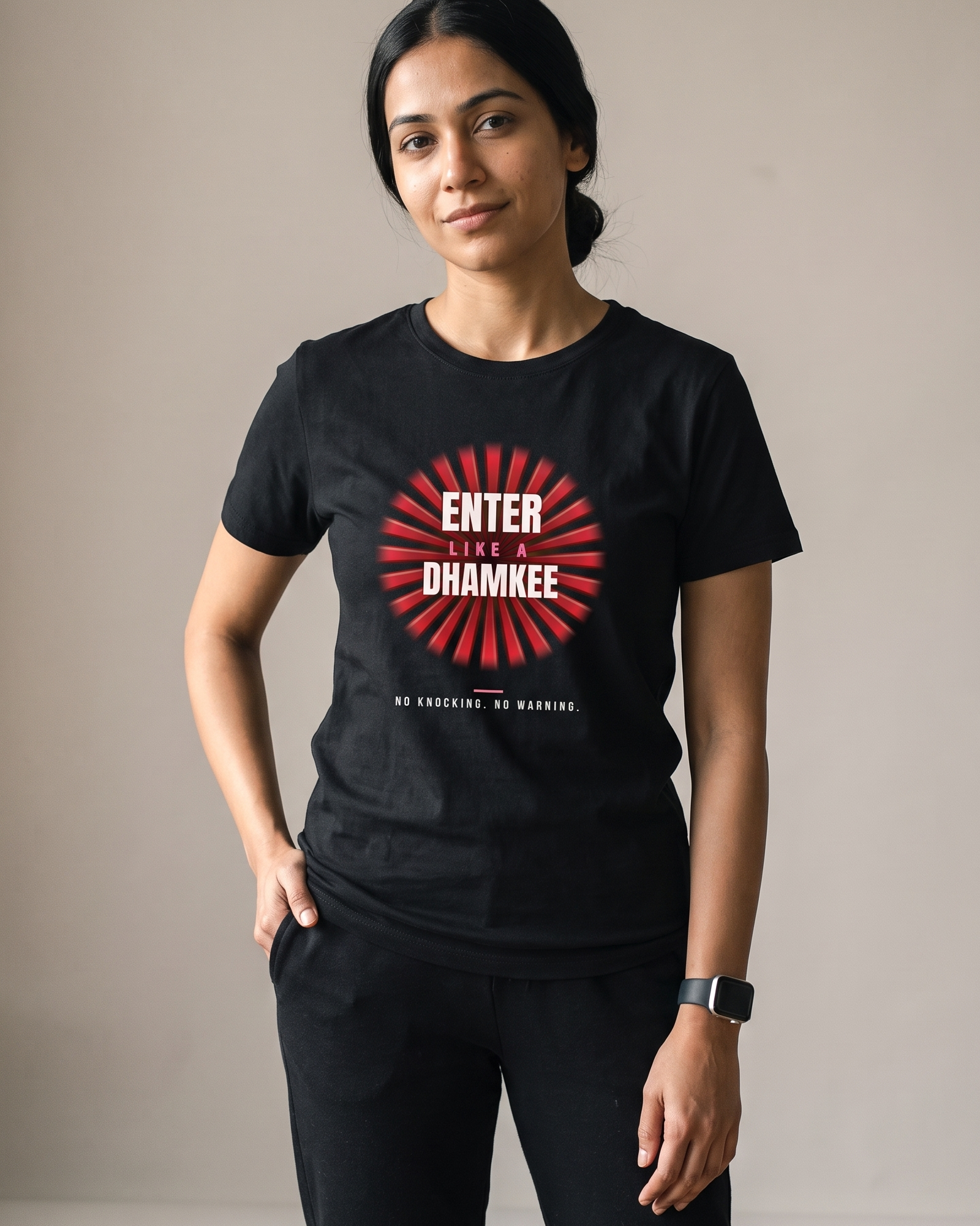 Enter Like A Dhamkee Black Dhamkee gym t shirt detail