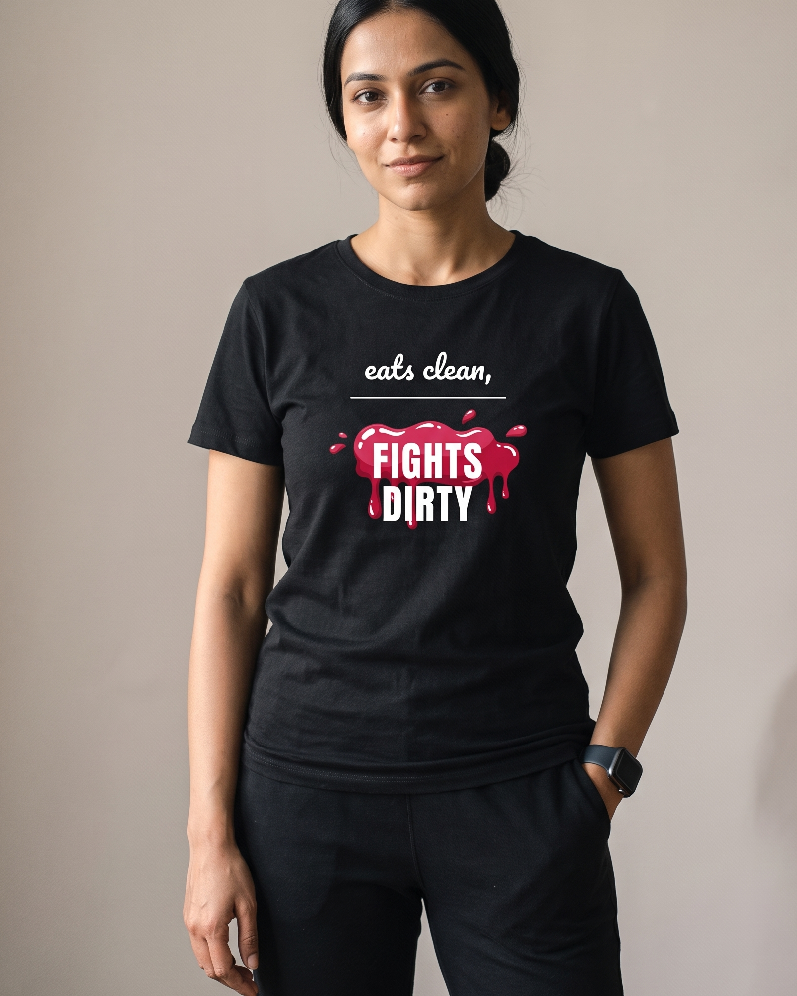 Fights Dirty Black Dhamkee gym t shirt detail