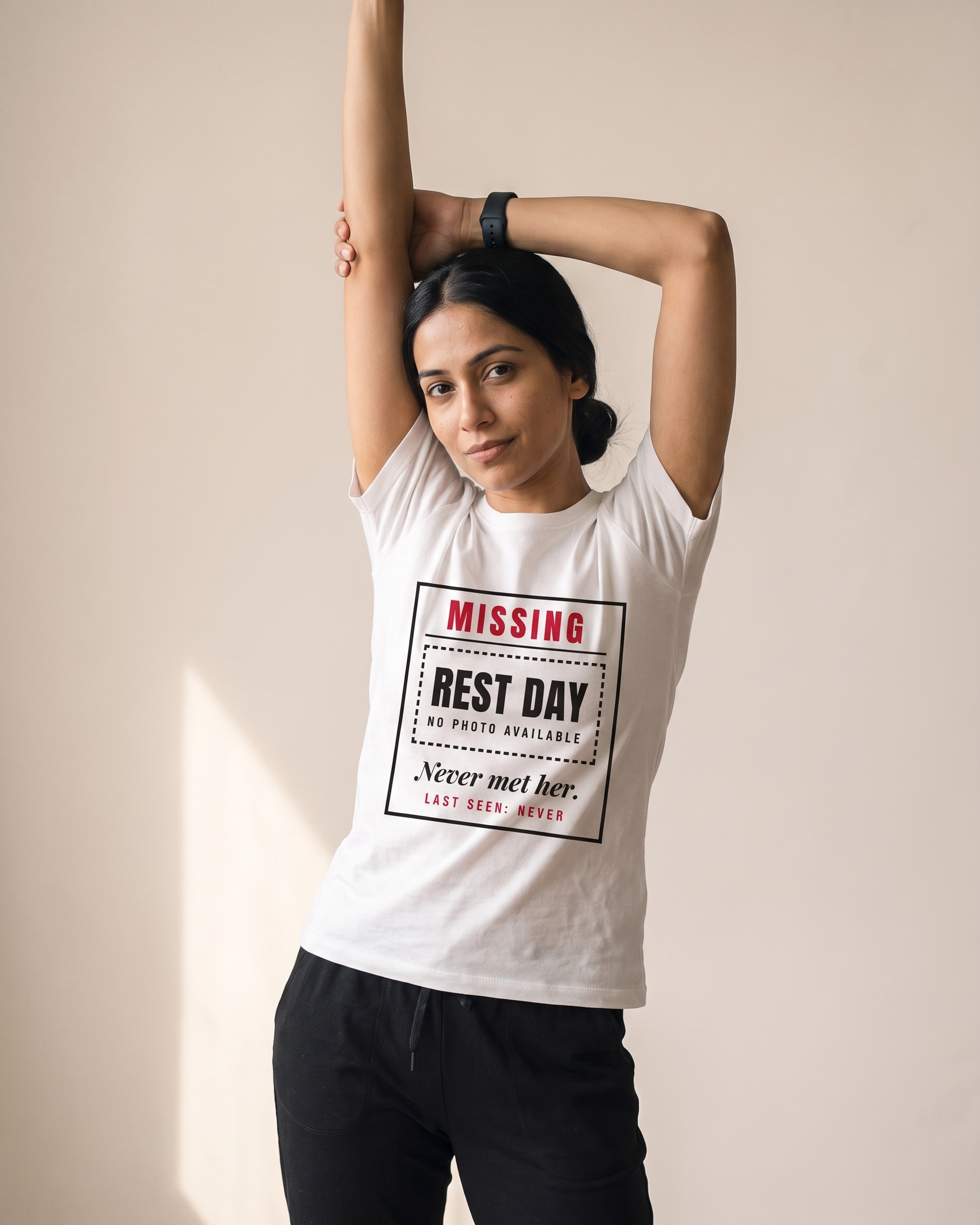 Never Met Rest Day White Dhamkee gym t shirt action