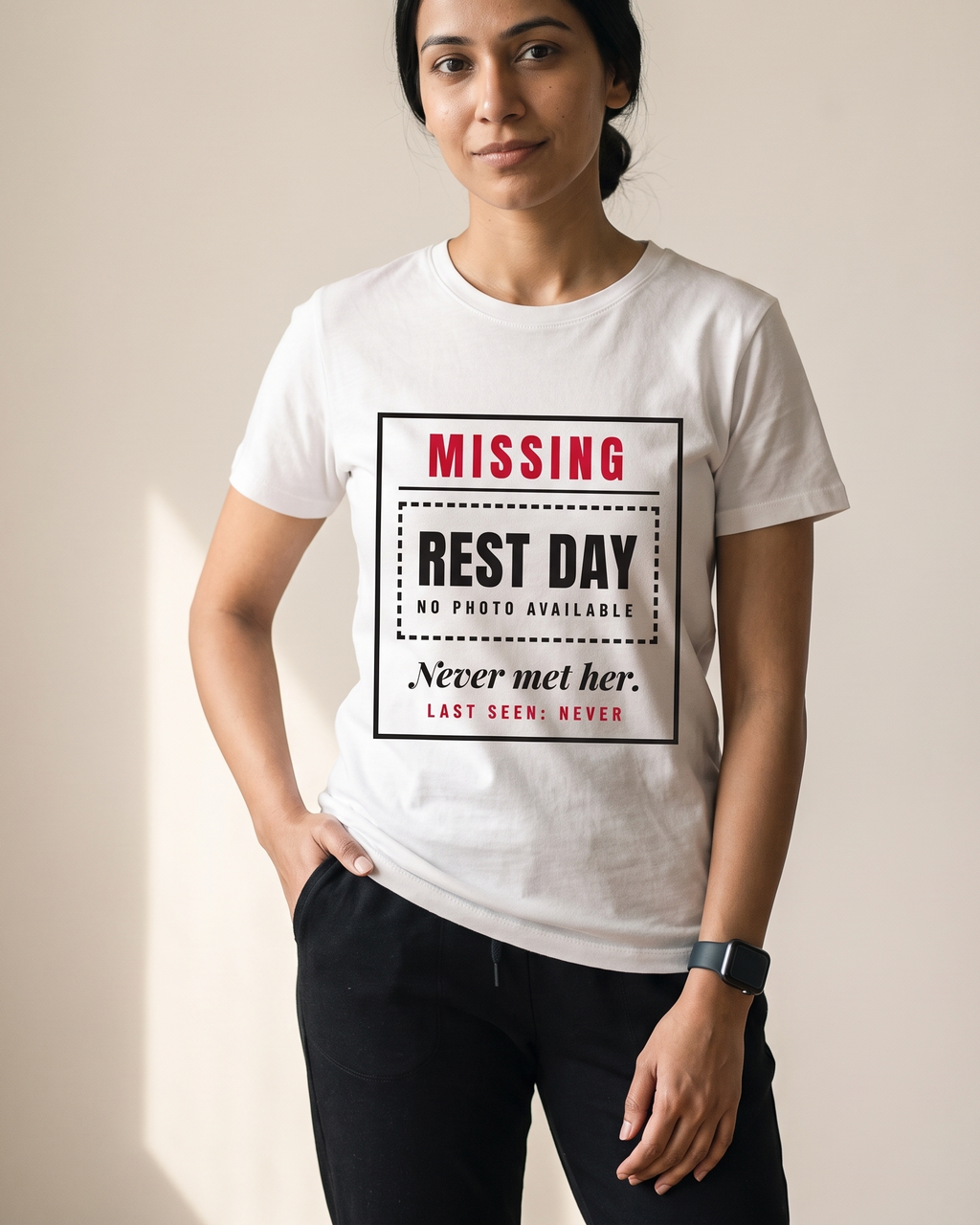 Never Met Rest Day White Dhamkee gym t shirt detail