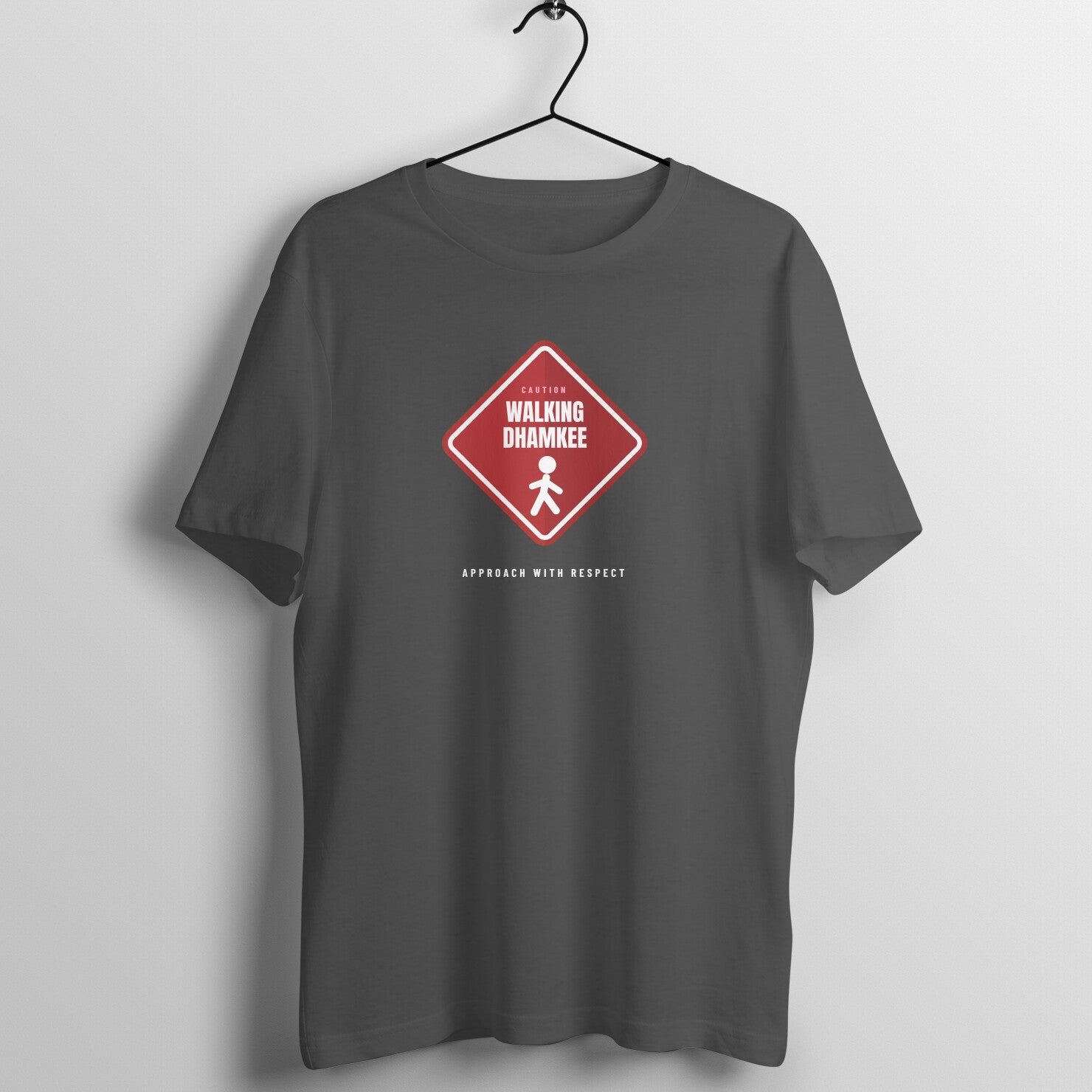 Walking Dhamkee box fit gym t shirt for women in Charcoal Grey, front view