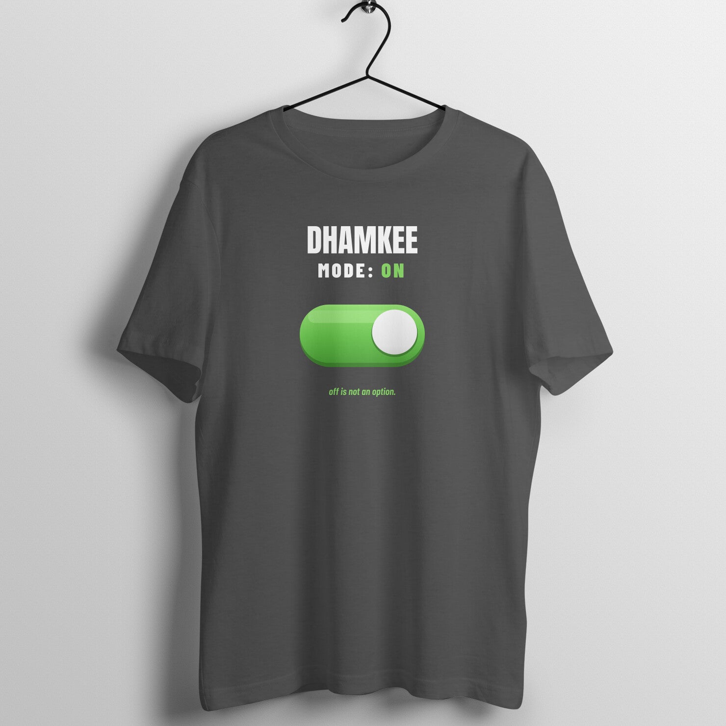Dhamkee Mode On box fit gym t shirt for women in Charcoal Grey, front view