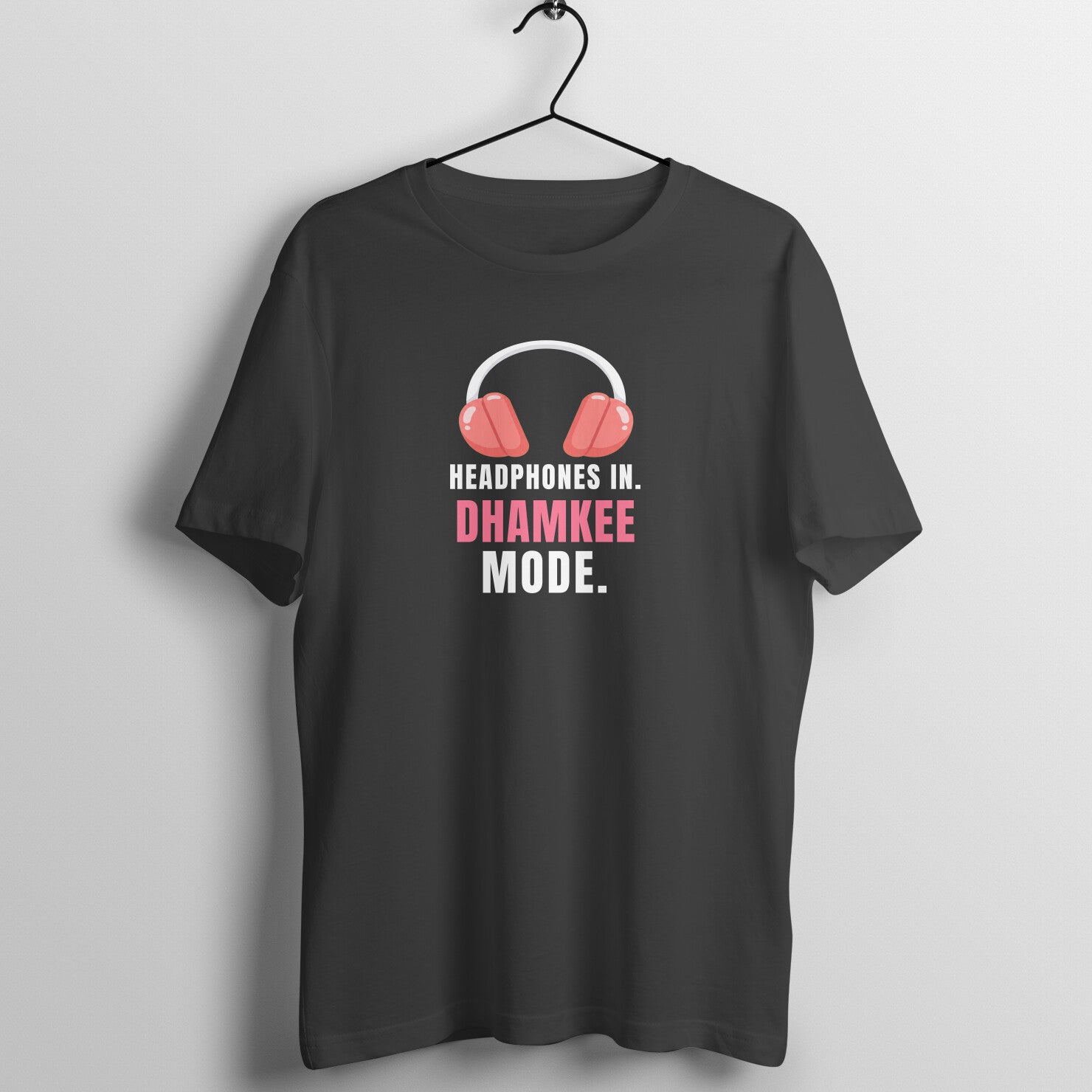 Headphones In box fit gym t shirt for women in Black, front view