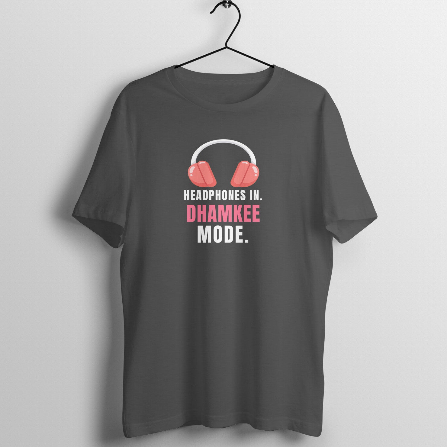 Headphones In box fit gym t shirt for women in Charcoal Grey, front view