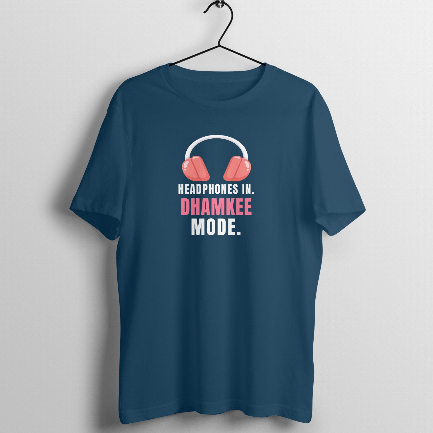Headphones In box fit gym t shirt for women in Navy Blue, front view