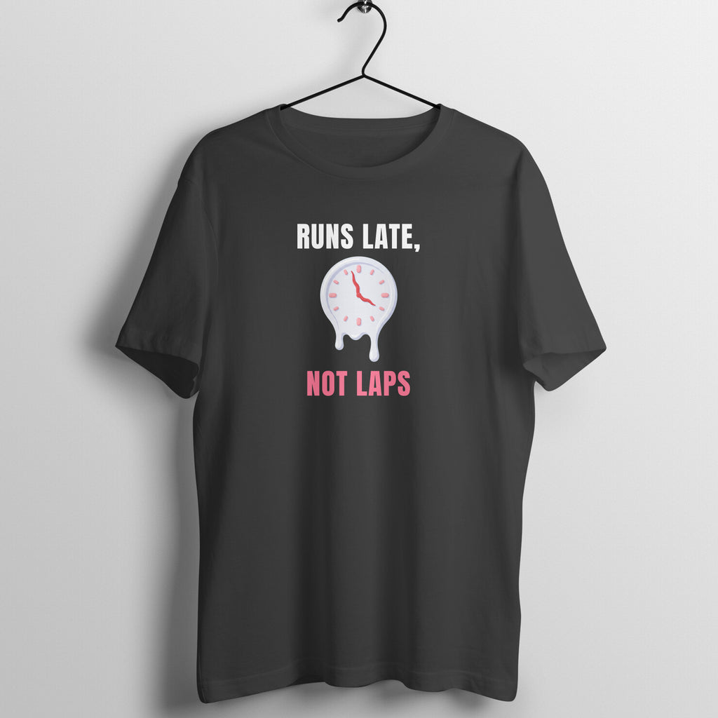 Runs Late Not Laps box fit gym t shirt for women in Black, front view