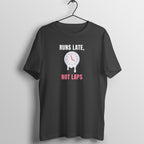Runs Late Not Laps box fit gym t shirt for women in Black, front view