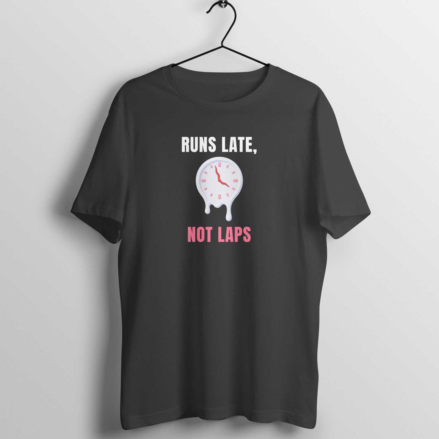 Runs Late Not Laps box fit gym t shirt for women in Black, front view