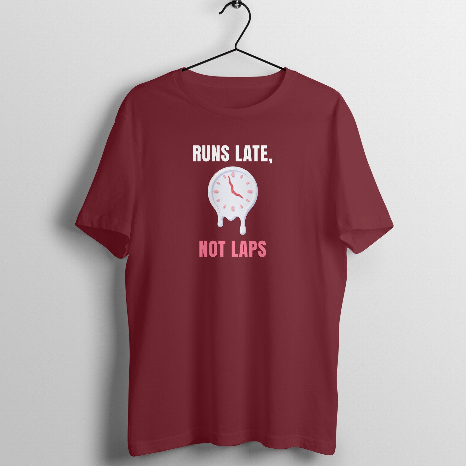 Runs Late Not Laps box fit gym t shirt for women in Maroon, front view