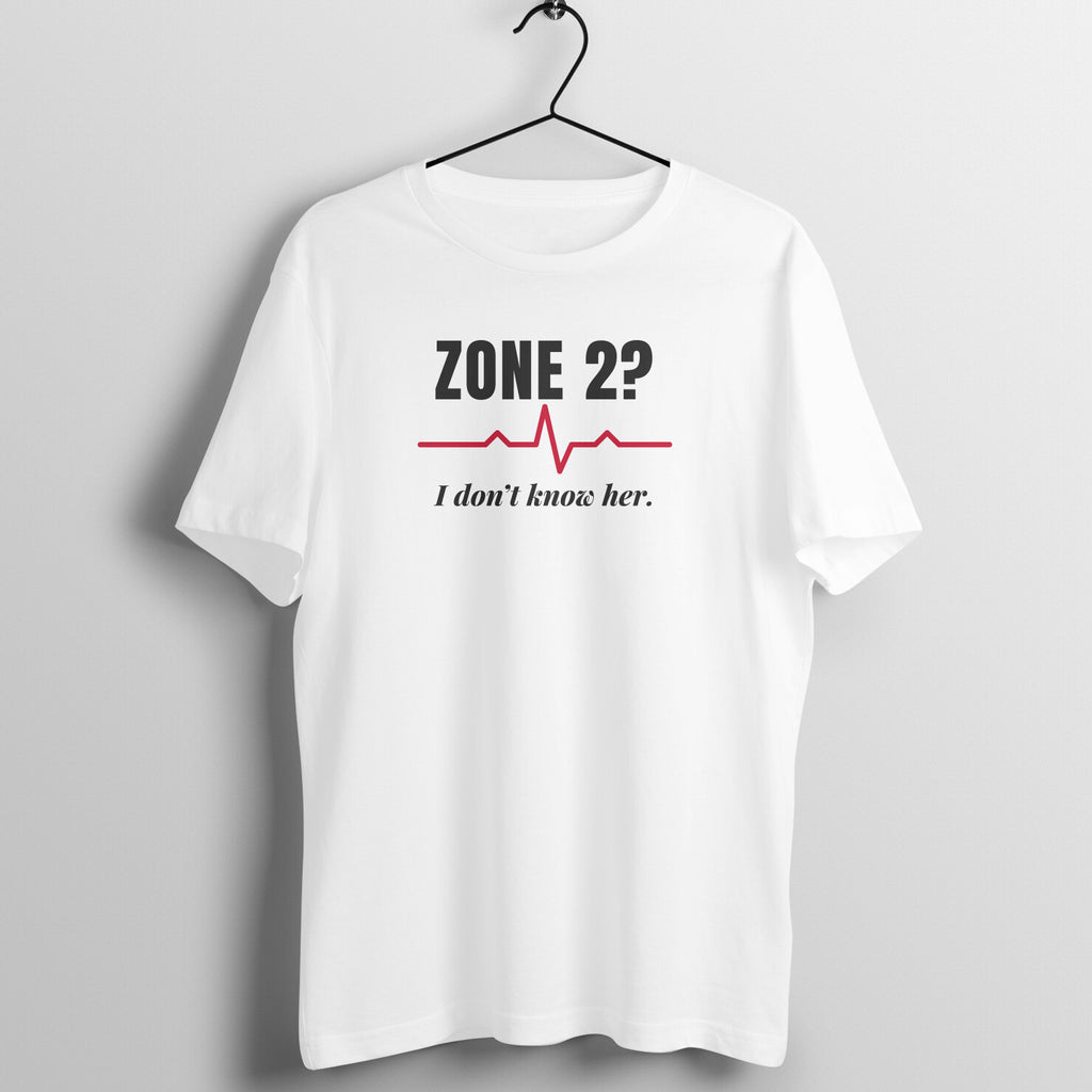 Zone 2? Don't Know Her box fit gym t shirt for women in White, front view