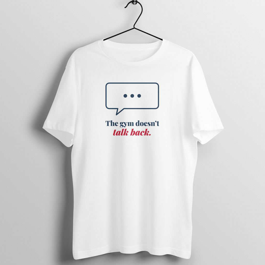 Gym Doesn't Talk Back box fit gym t shirt for women in White, front view
