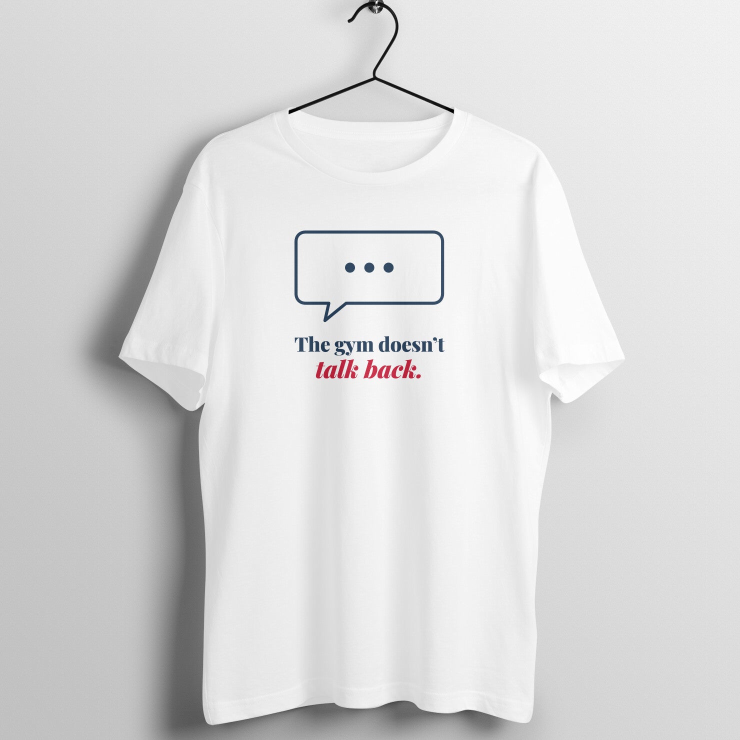 Gym Doesn't Talk Back box fit gym t shirt for women in White, front view