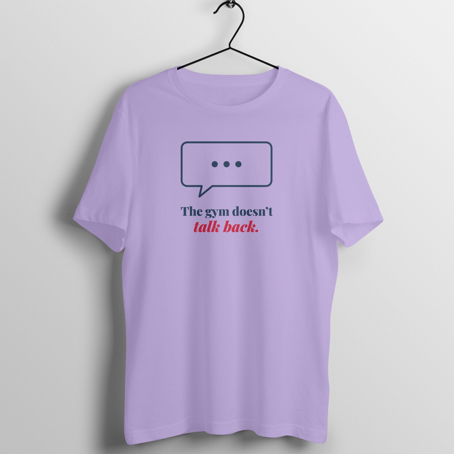 Gym Doesn't Talk Back box fit gym t shirt for women in Iris Lavender, front view
