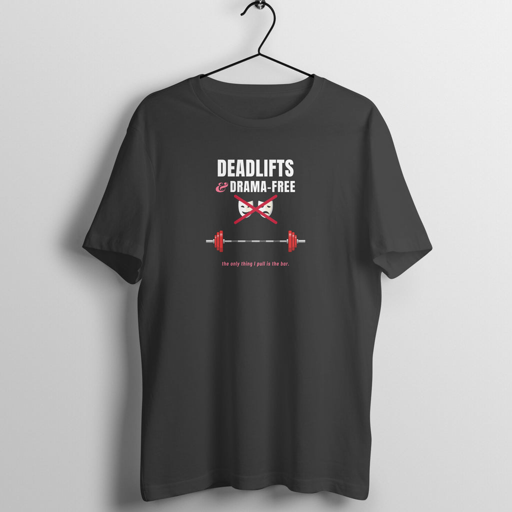 Deadlifts & Drama-Free box fit gym t shirt for women in Black, front view