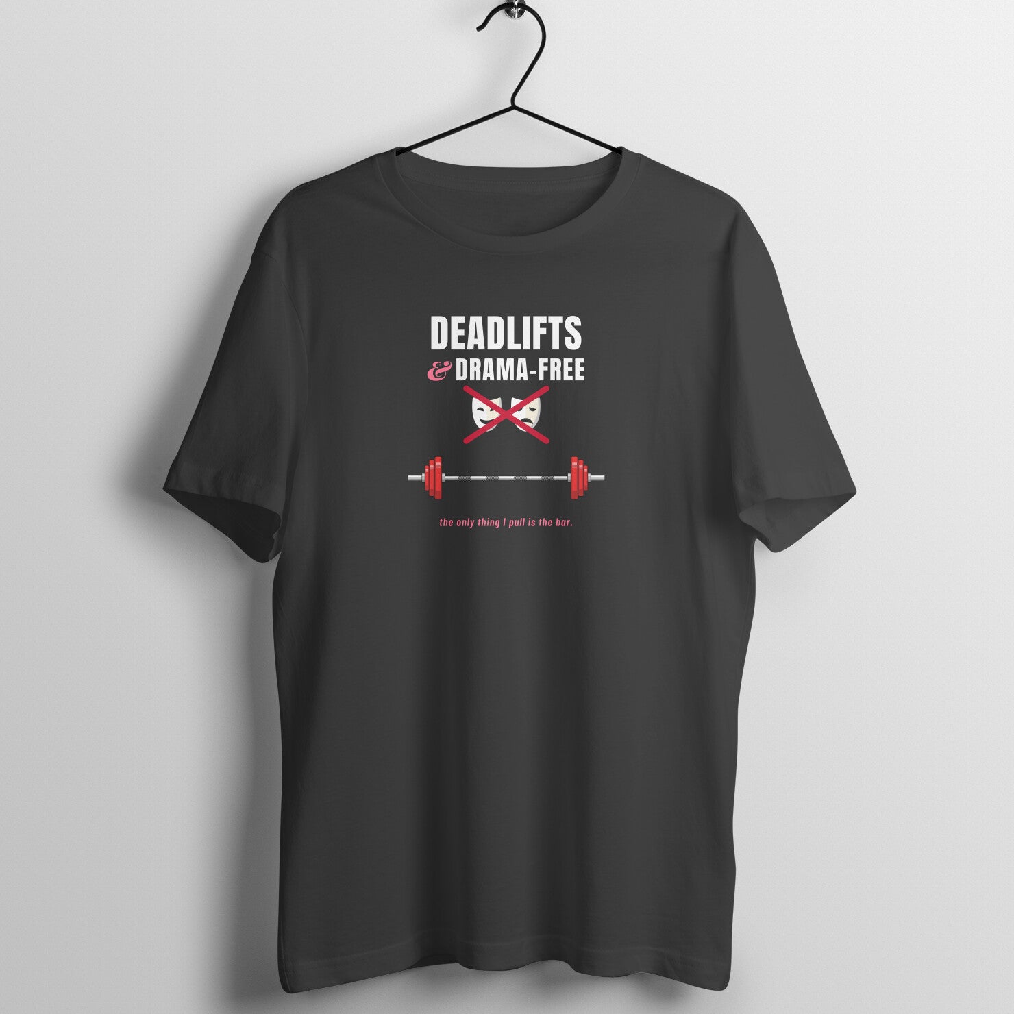 Deadlifts & Drama-Free box fit gym t shirt for women in Black, front view