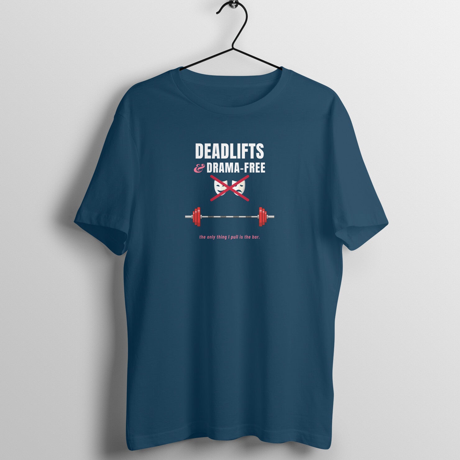 Deadlifts & Drama-Free box fit gym t shirt for women in Navy Blue, front view