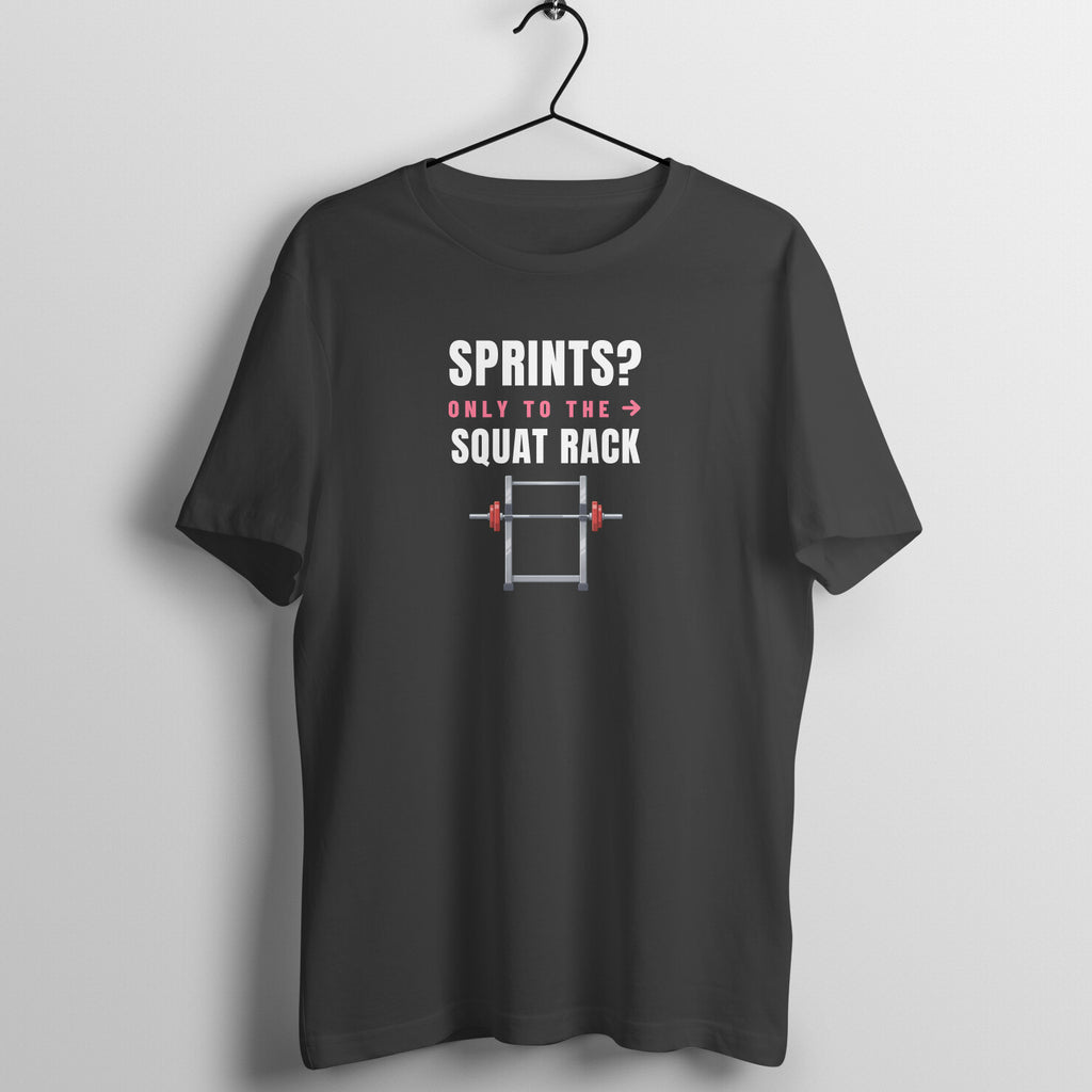 Sprints To The Rack box fit gym t shirt for women in Black, front view
