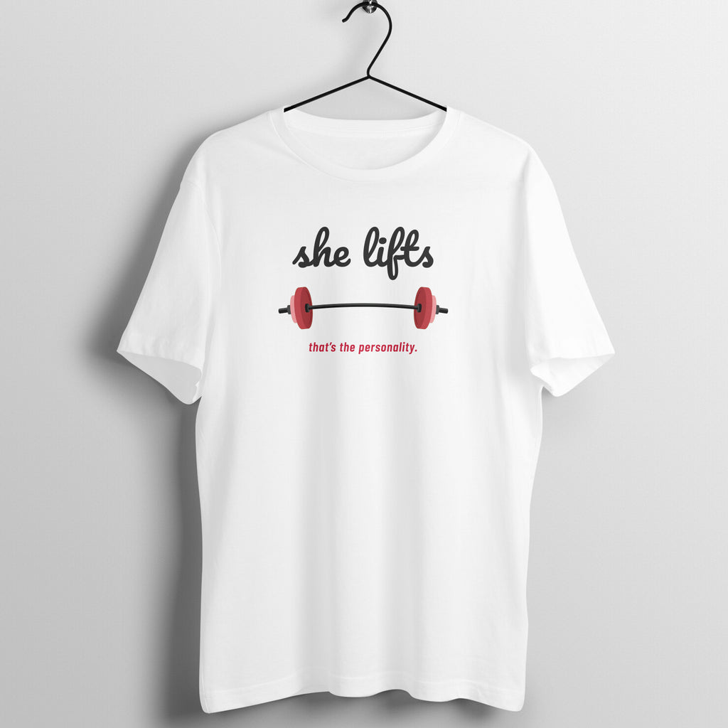 She Lifts box fit gym t shirt for women in White, front view