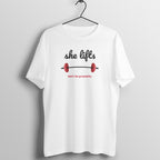 She Lifts box fit gym t shirt for women in White, front view