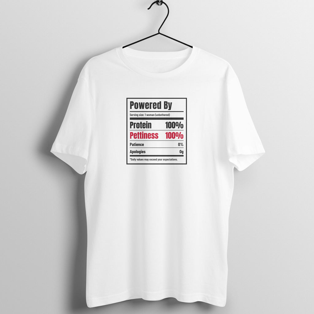 Protein & Pettiness box fit gym t shirt for women in White, front view