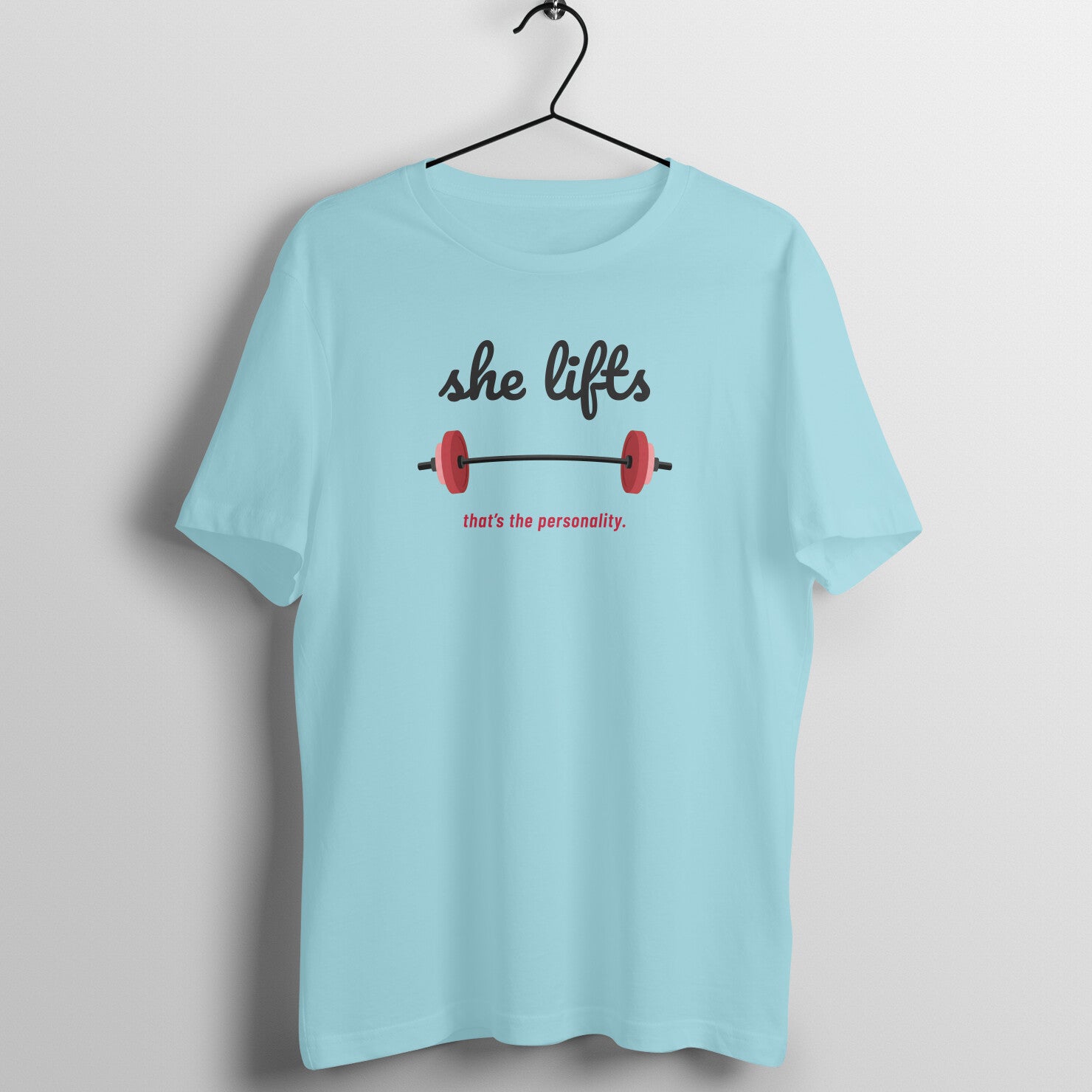She Lifts box fit gym t shirt for women in Surf Blue, front view