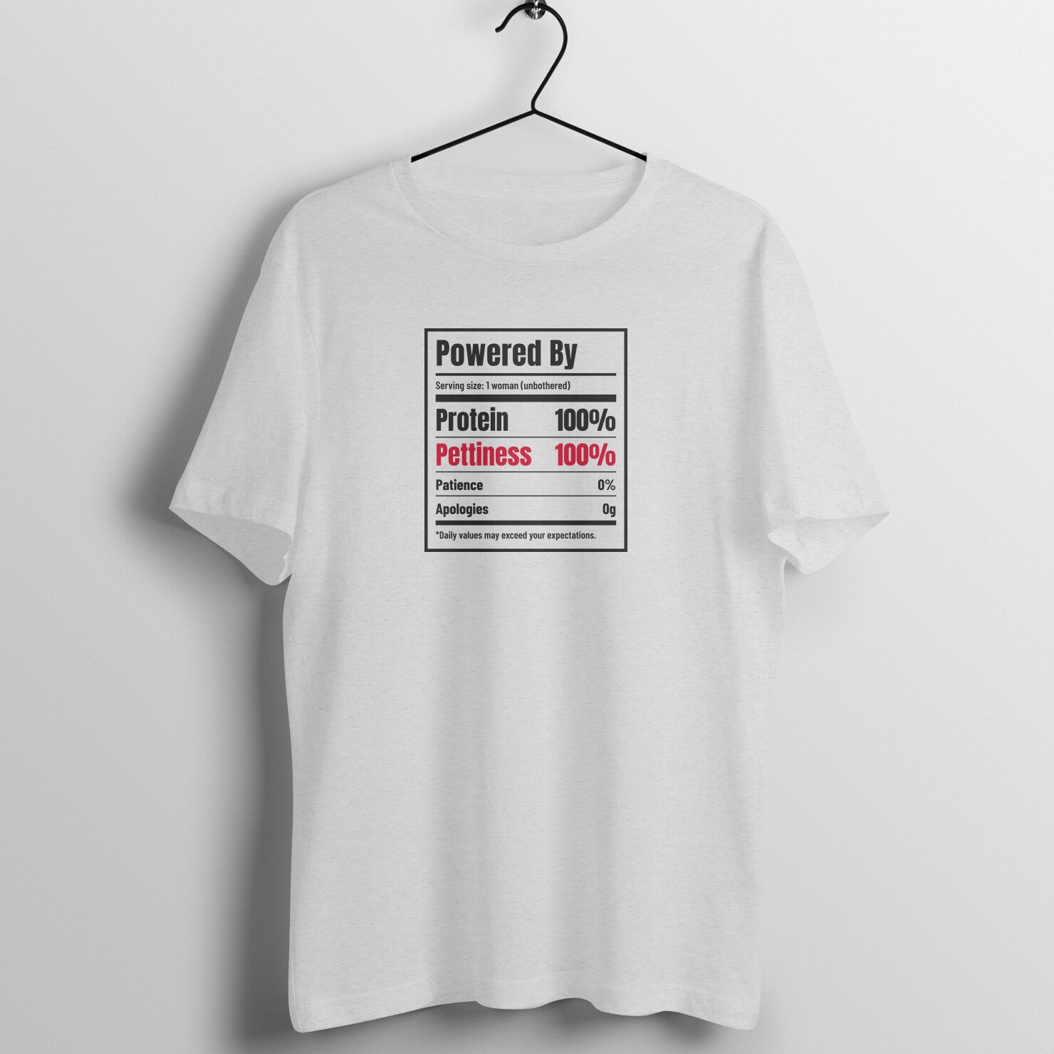 Protein & Pettiness box fit gym t shirt for women in Melange Grey, front view