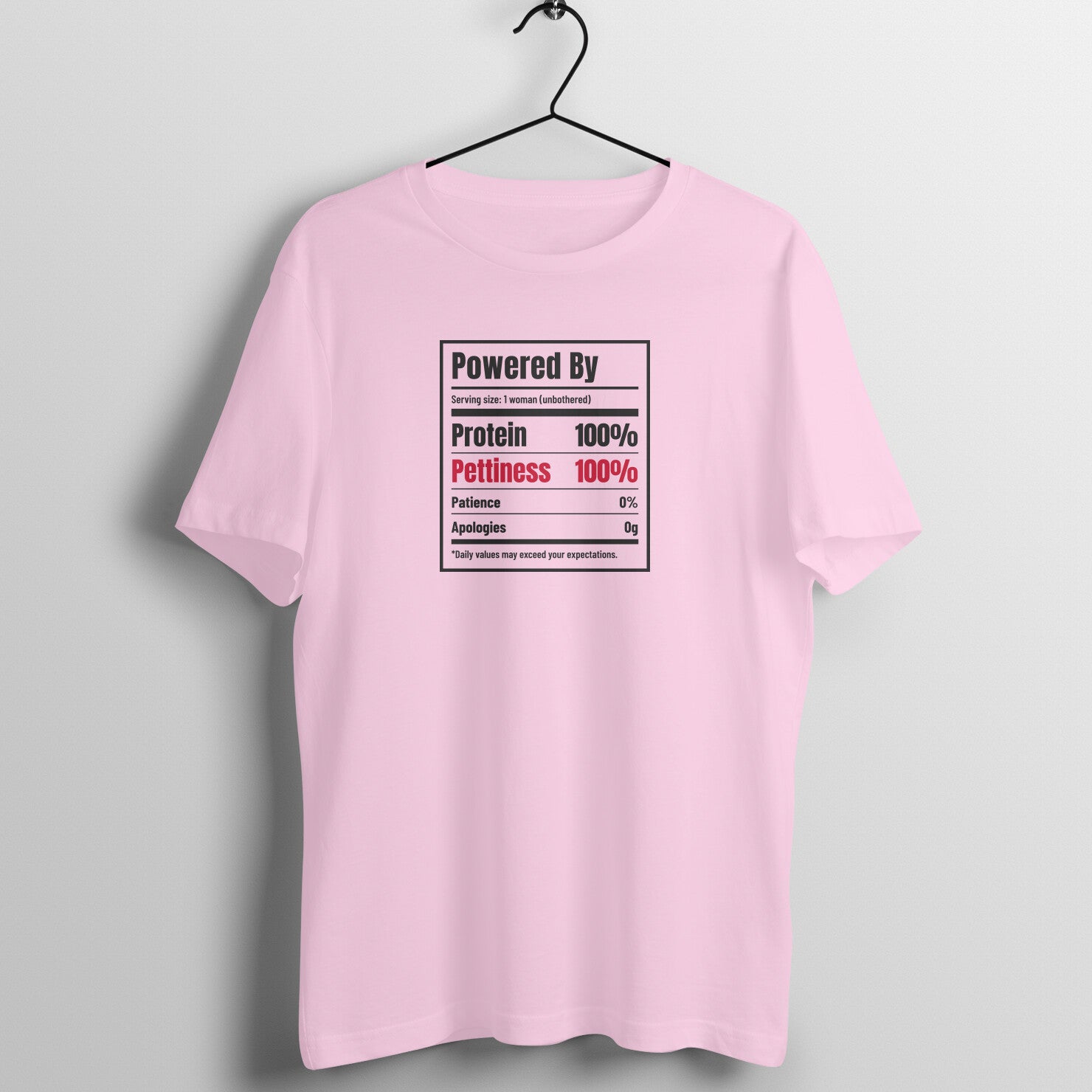 Protein & Pettiness box fit gym t shirt for women in Light Pink, front view