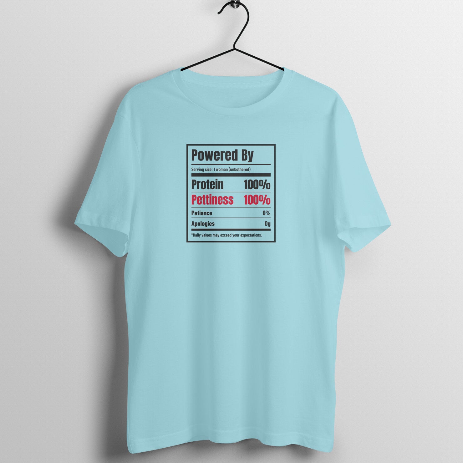 Protein & Pettiness box fit gym t shirt for women in Surf Blue, front view