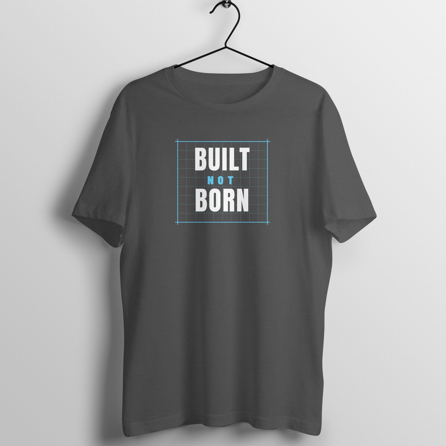 Built Not Born box fit gym t shirt for women in Charcoal Grey, front view