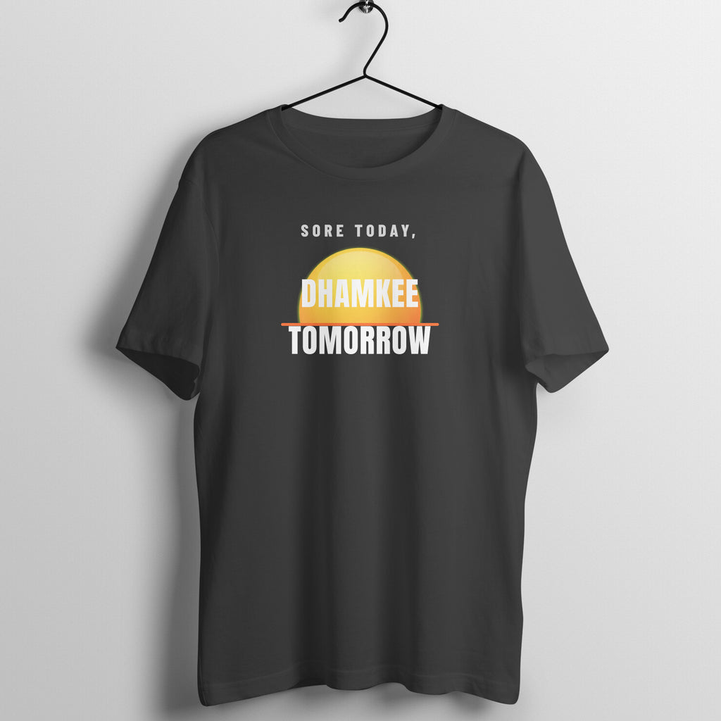 Sore Today box fit gym t shirt for women in Black, front view