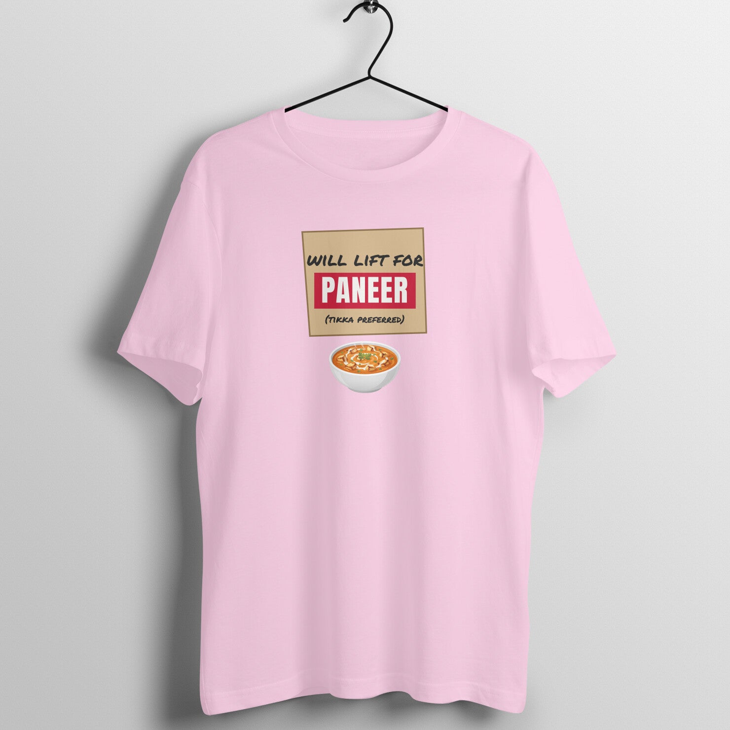 Will Lift For Paneer box fit gym t shirt for women in Light Pink, front view