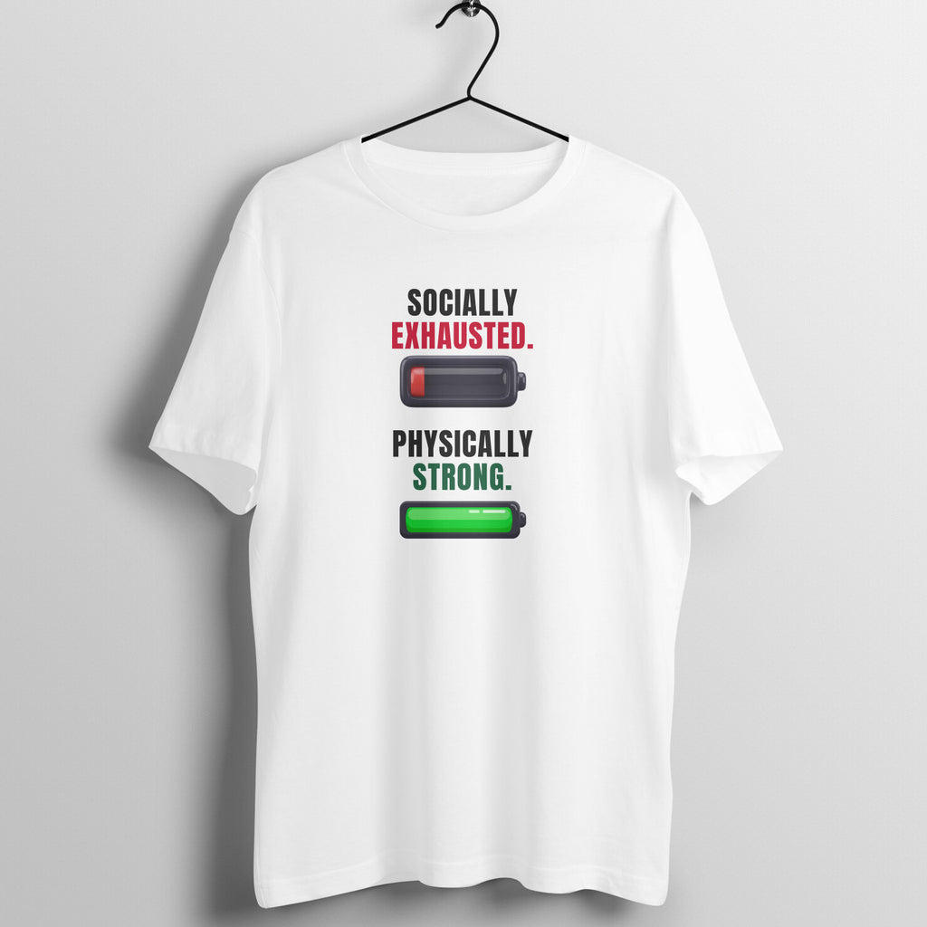 Socially Exhausted box fit gym t shirt for women in White, front view
