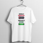 Socially Exhausted box fit gym t shirt for women in White, front view