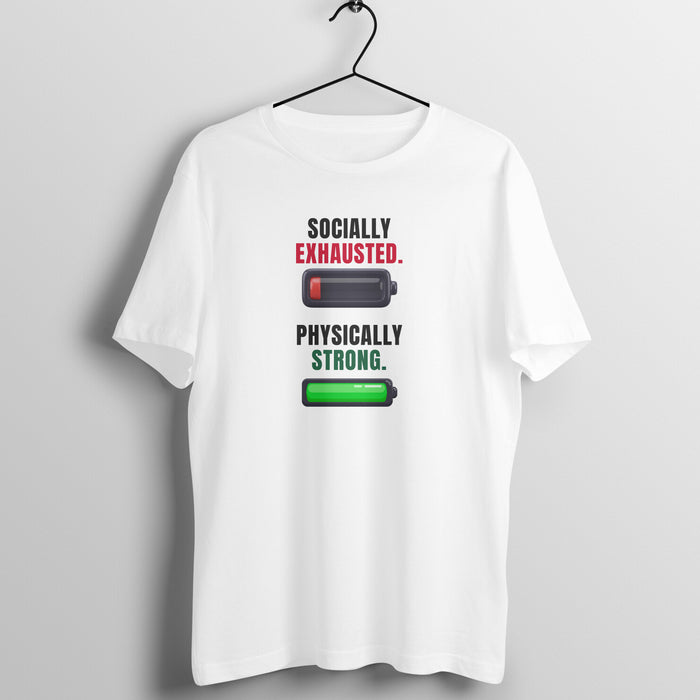 Socially Exhausted box fit gym t shirt for women in White, front view