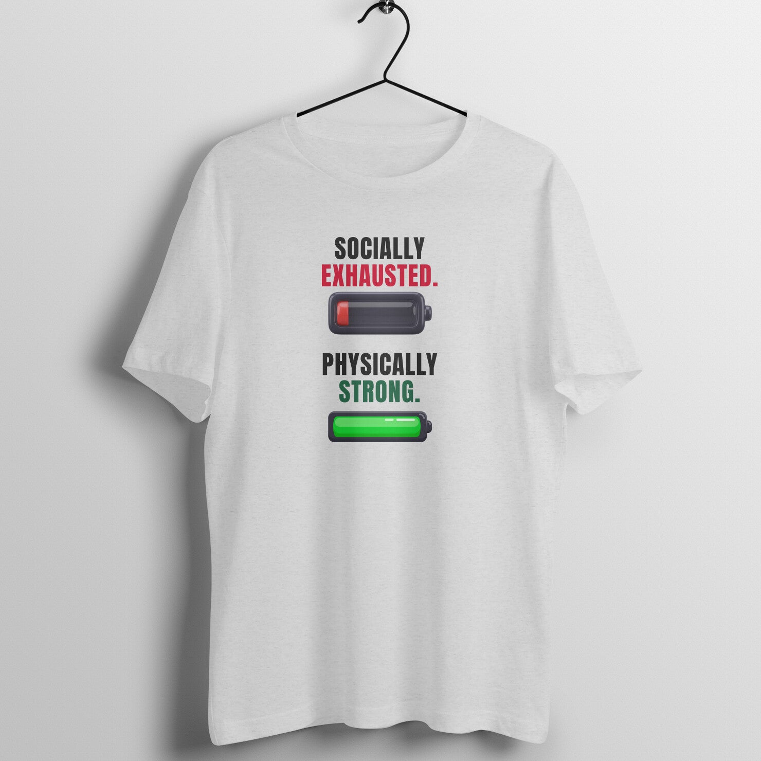 Socially Exhausted box fit gym t shirt for women in Melange Grey, front view