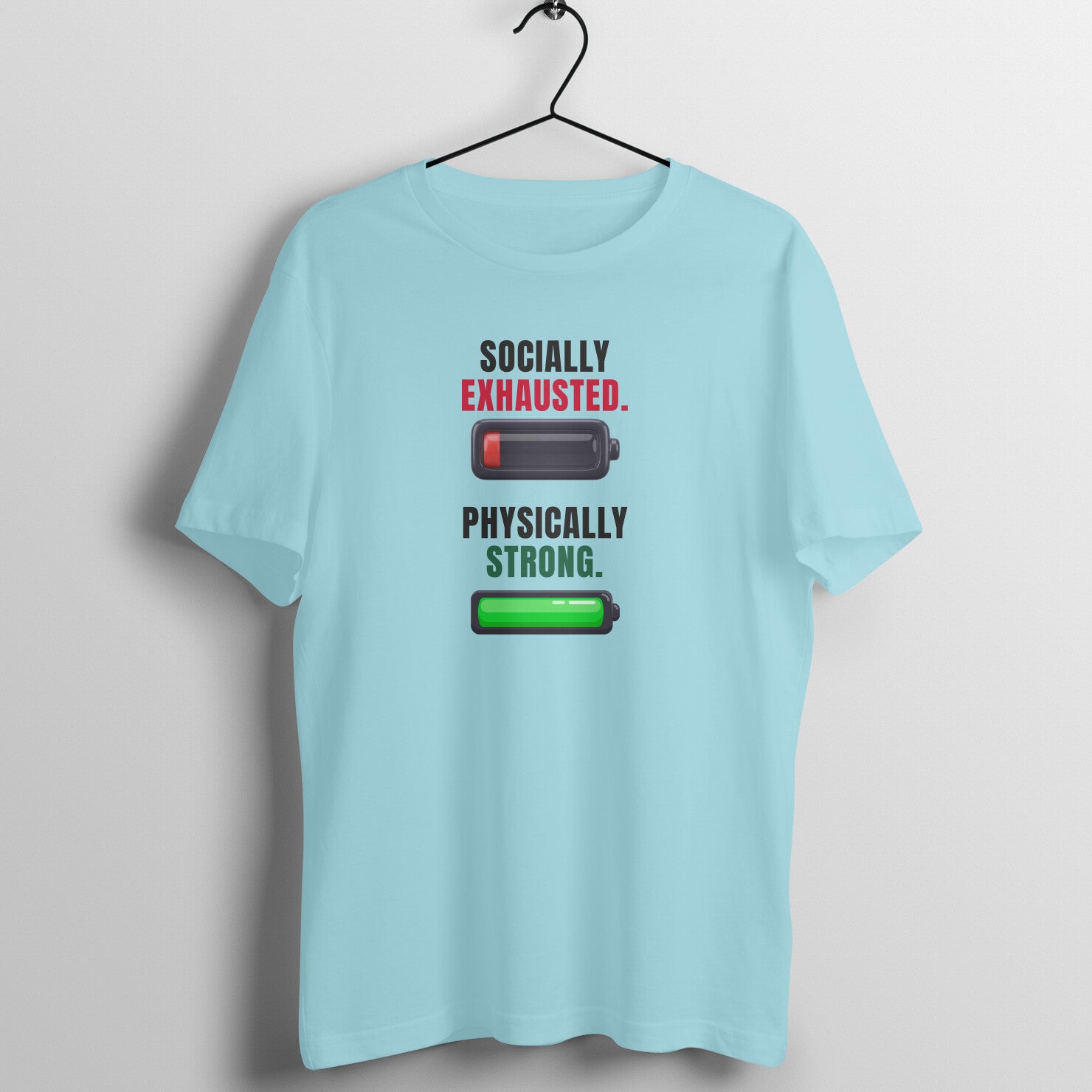 Socially Exhausted box fit gym t shirt for women in Surf Blue, front view