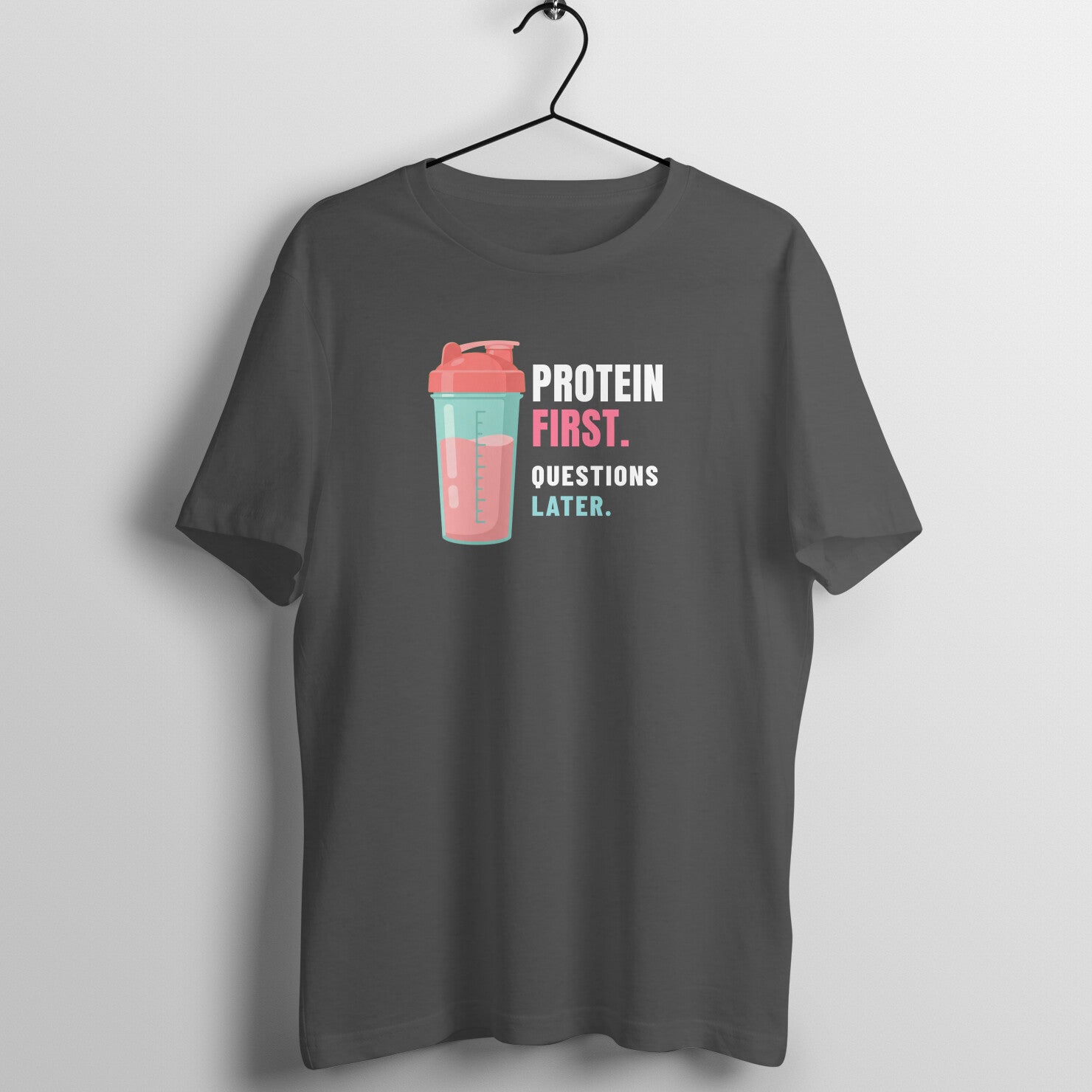 Protein First box fit gym t shirt for women in Charcoal Grey, front view
