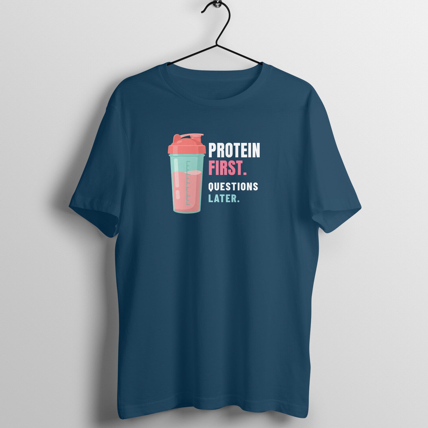 Protein First box fit gym t shirt for women in Navy Blue, front view