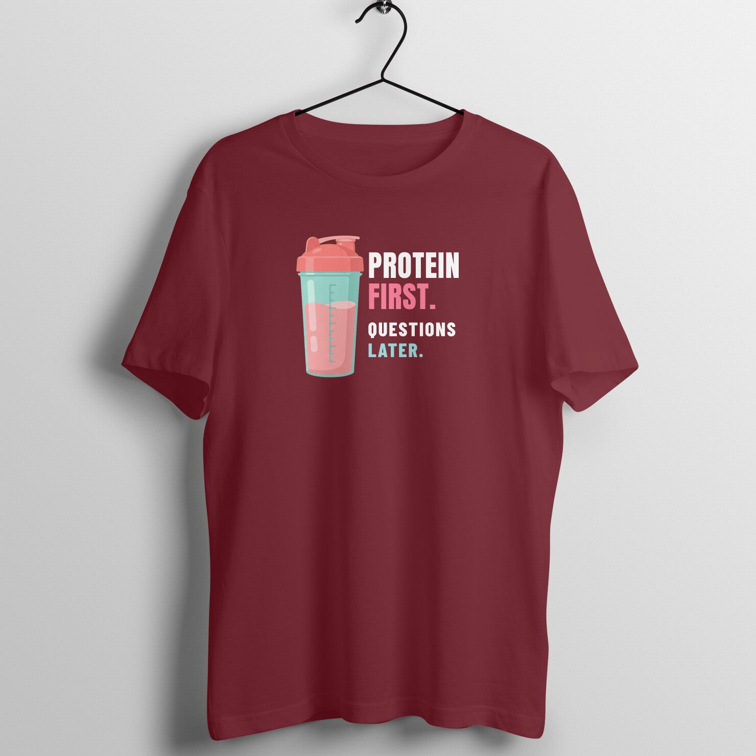 Protein First box fit gym t shirt for women in Maroon, front view