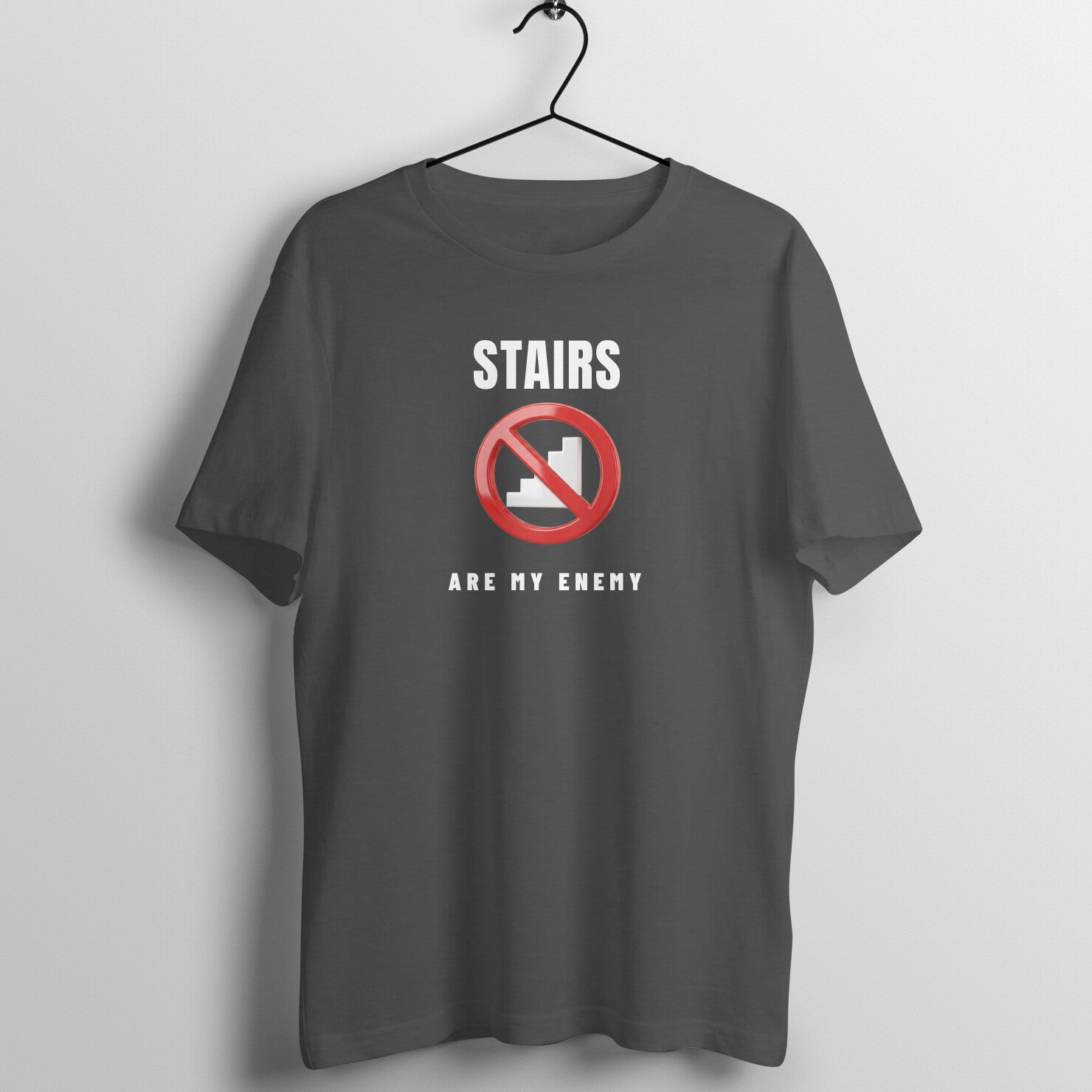 Stairs Are My Enemy box fit gym t shirt for women in Charcoal Grey, front view