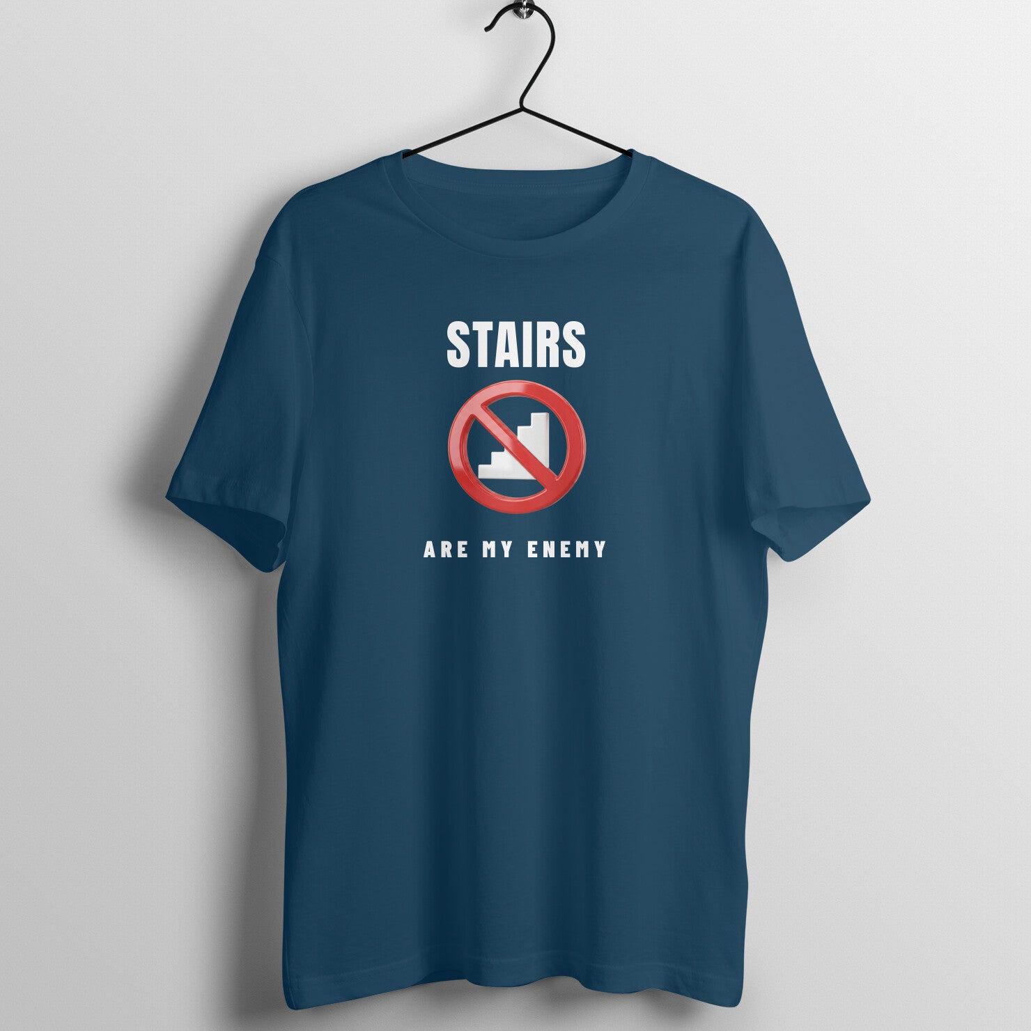 Stairs Are My Enemy box fit gym t shirt for women in Navy Blue, front view