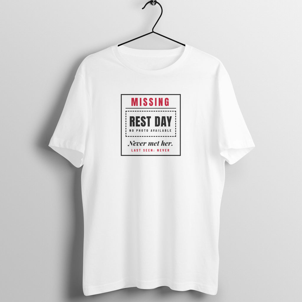 Never Met Rest Day box fit gym t shirt for women in White, front view