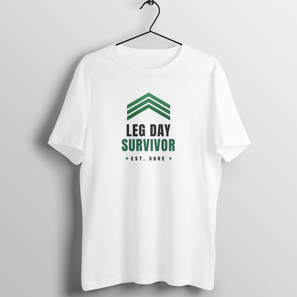 Leg Day Survivor box fit gym t shirt for women in White, front view